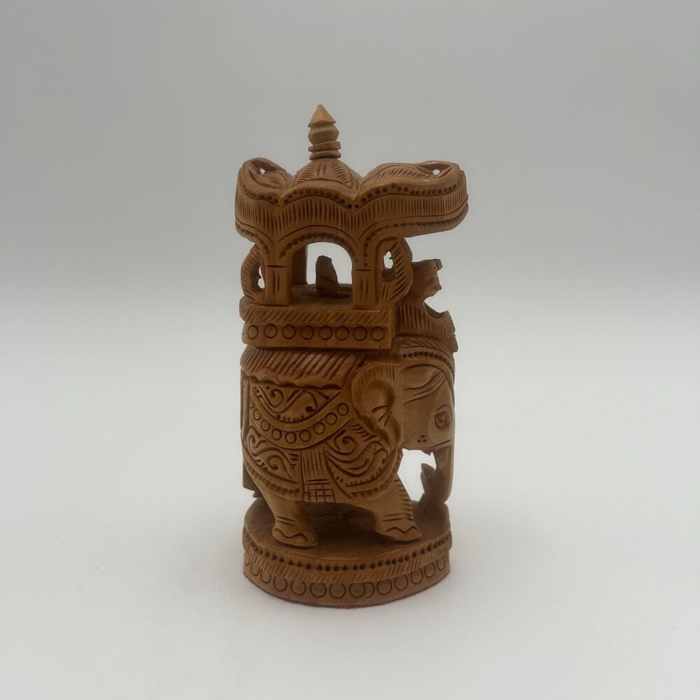Hand-Carved Wooden Elephant Figurine With Howdah
